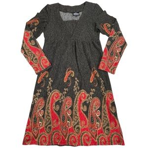 Angie size small red gold dark gray swirls/flames dress long sleeves vneck EUC